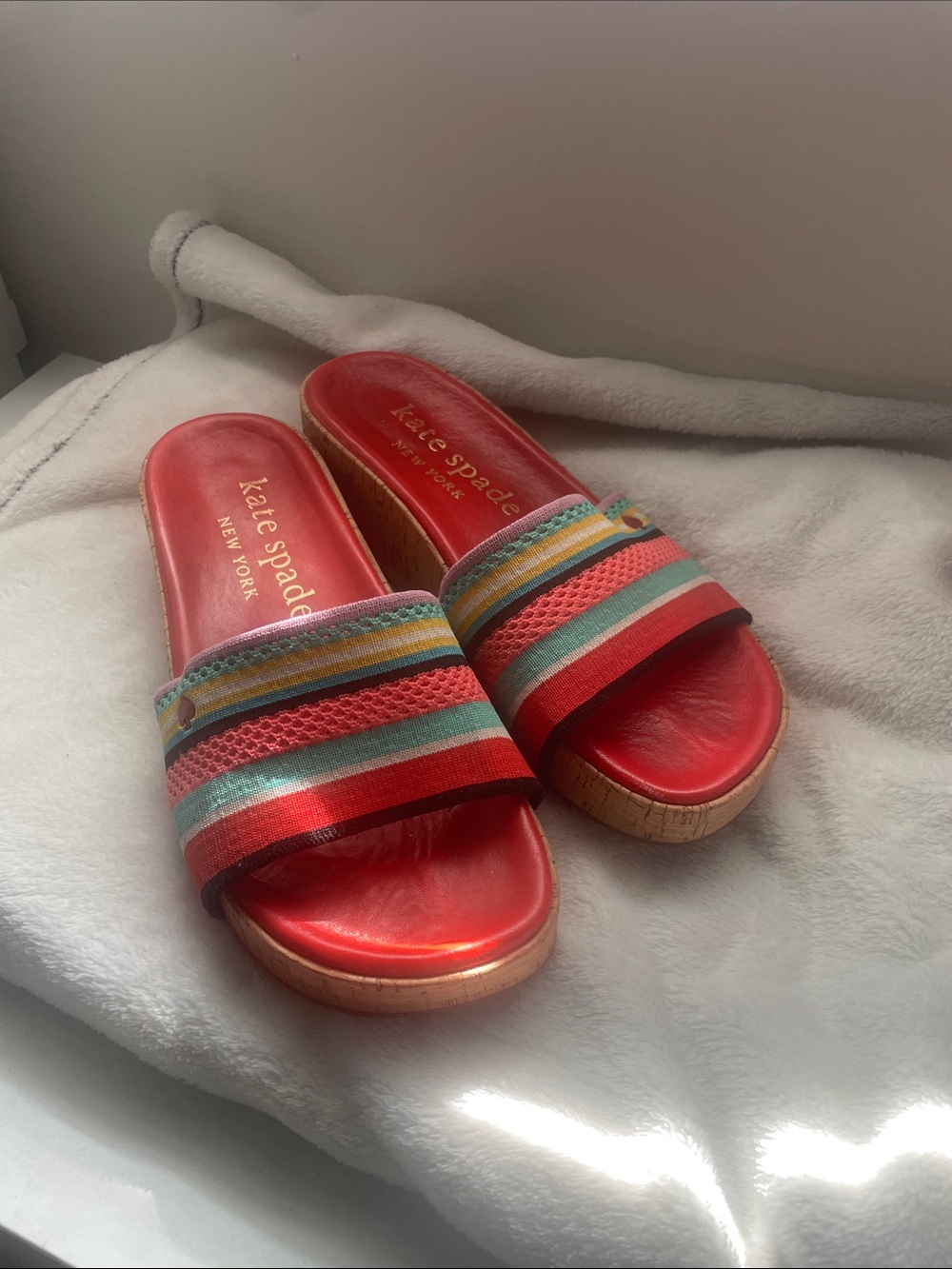 kate spade Red Multi-Stripe Slide Sandals with Cork-Look Sole